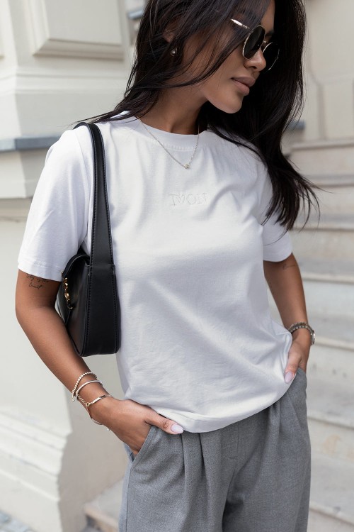 Klasyczny biały t-shirt z haftem-7 3296  | 1418-S