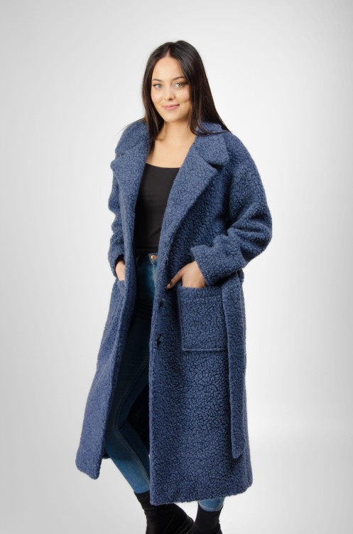 Maleni Płaszcz wełniany, długi z paskiem INGA granatowy