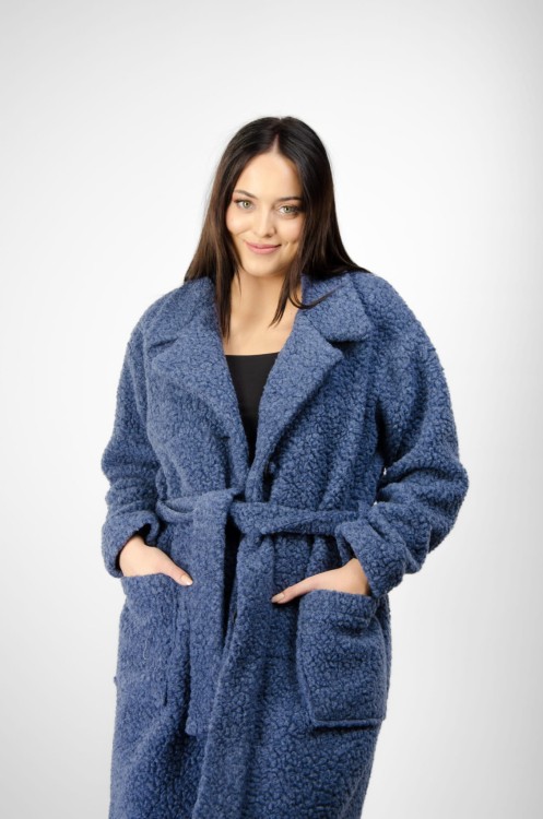 Maleni Płaszcz wełniany, długi z paskiem INGA granatowy