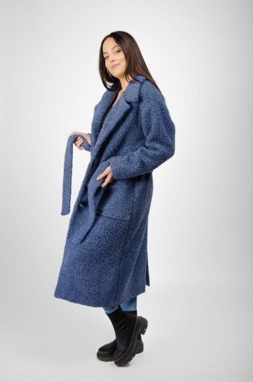 Maleni Płaszcz wełniany, długi z paskiem INGA granatowy