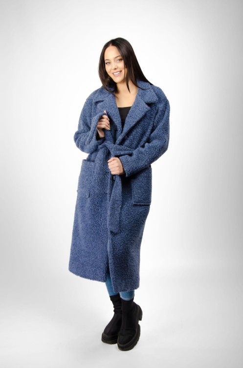 Maleni Płaszcz wełniany, długi z paskiem INGA granatowy