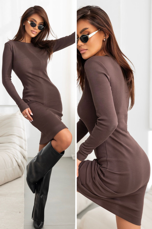 Czekoladowa elastyczna sukienka w prążek NOLIA-1 4336  | 1459-S