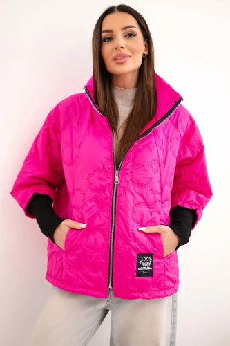 Kurtka damska wiosenna pikowana z ozdobnym tłoczeniem i zamkiem różowy neon-1 4415 