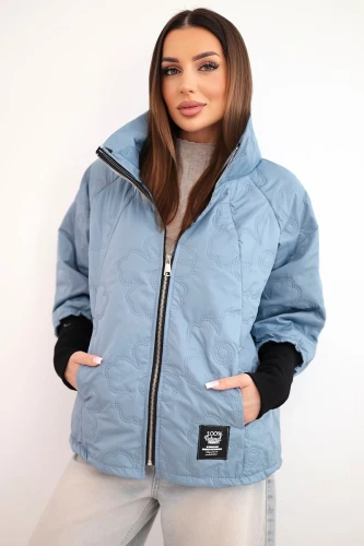 Kurtka damska wiosenna pikowana z ozdobnym tłoczeniem i zamkiem jeansowa-1 4420 