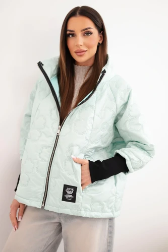 Kurtka damska wiosenna pikowana z ozdobnym tłoczeniem i zamkiem miętowa-1 4421 