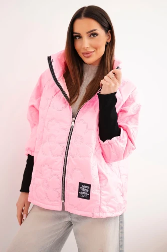 Kurtka damska wiosenna pikowana z ozdobnym tłoczeniem i zamkiem cukierkowy róż-1 4422 