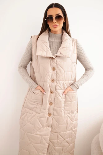 Kamizelka damska pikowana długa z kieszeniami i stójką ciemno beżowa-1 4427 
