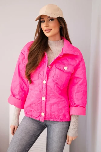 Kurtka damska wiosenna pikowana z kwiatowym wzorem różowy neon-1 4443 