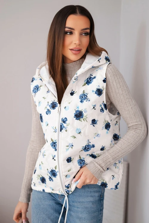 Kamizelka damska pikowana w kwiaty z kapturem granatowa-1 4446 