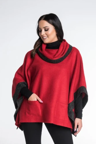 Czerwono-grafitowe ponczo damskie oversize z 100% wełny – Greta Maleni (1).webp