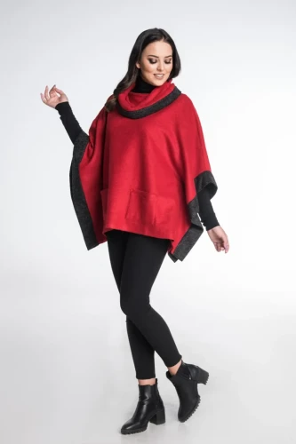Czerwono-grafitowe ponczo damskie oversize z 100% wełny – Greta Maleni (2).webp