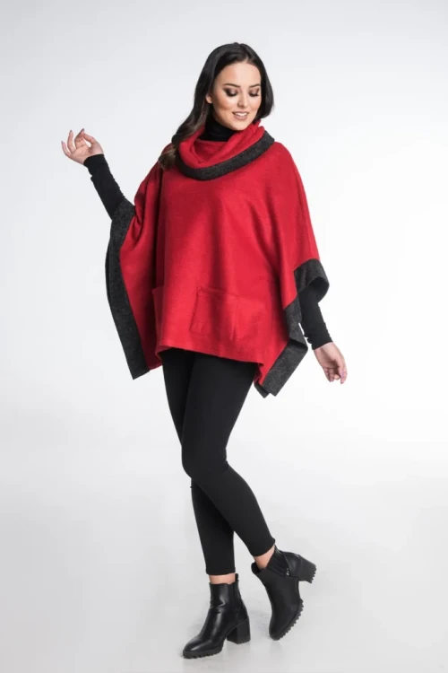 Czerwono-grafitowe ponczo damskie oversize z 100% wełny – Greta Maleni (2).webp