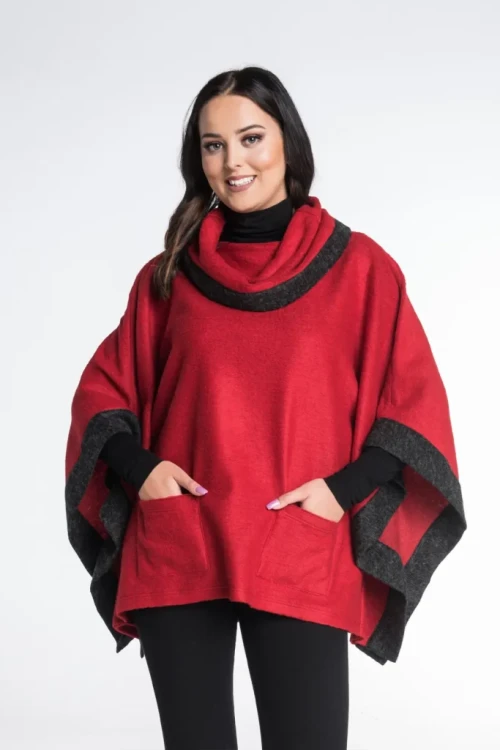 Czerwono-grafitowe ponczo damskie oversize z 100% wełny – Greta Maleni (3).webp