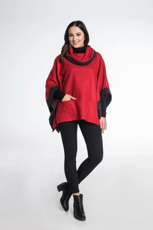 Czerwono-grafitowe ponczo damskie oversize z 100% wełny – Greta Maleni (4).webp